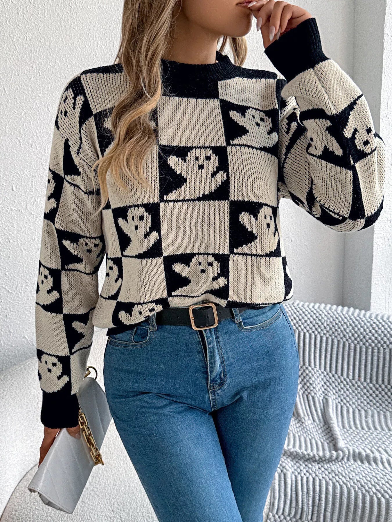Halloween Ghost Pattern Checkered Round Neck Sweater - Goddess Vibes