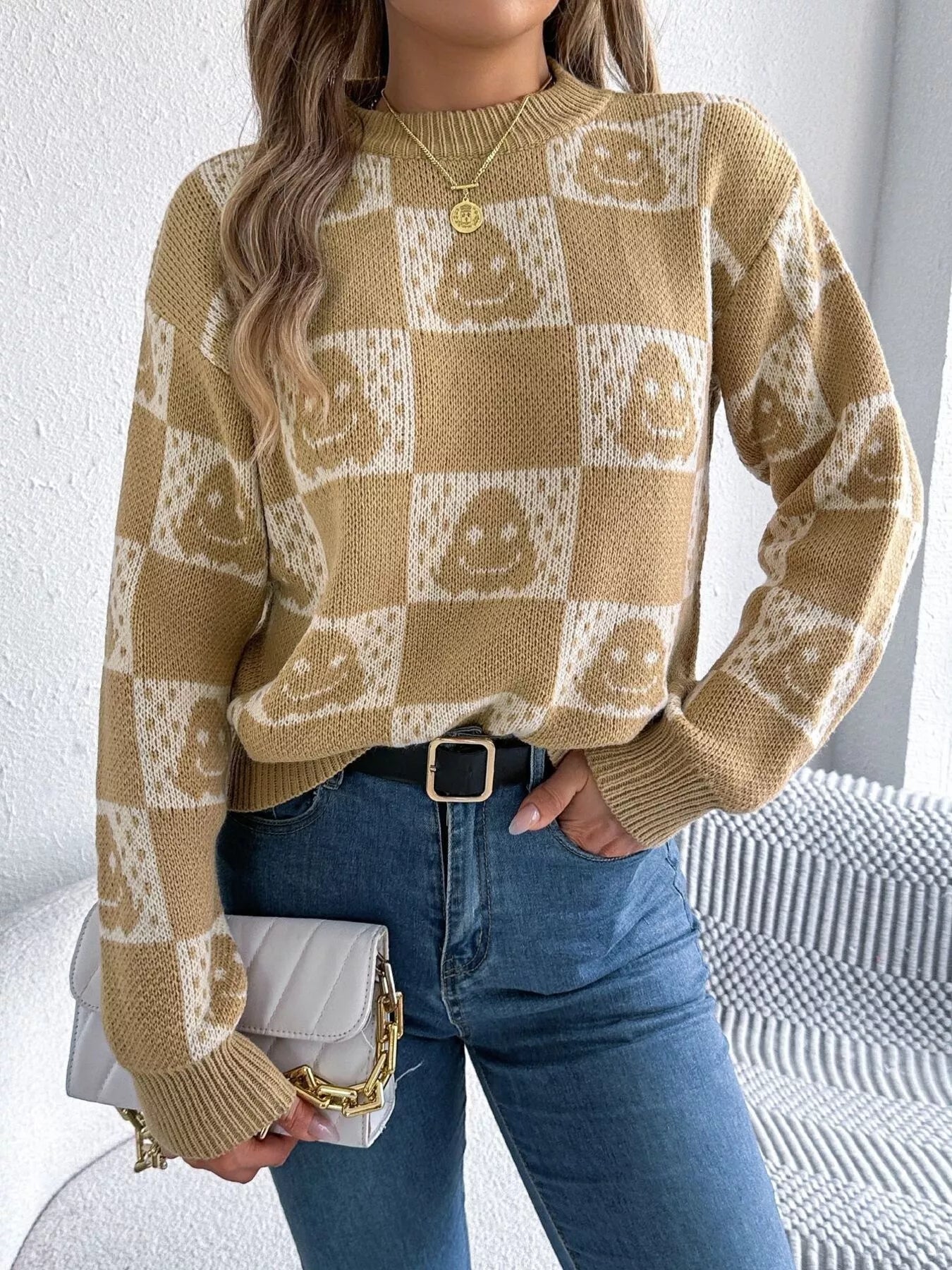 Halloween Ghost Pattern Checkered Round Neck Sweater - Goddess Vibes