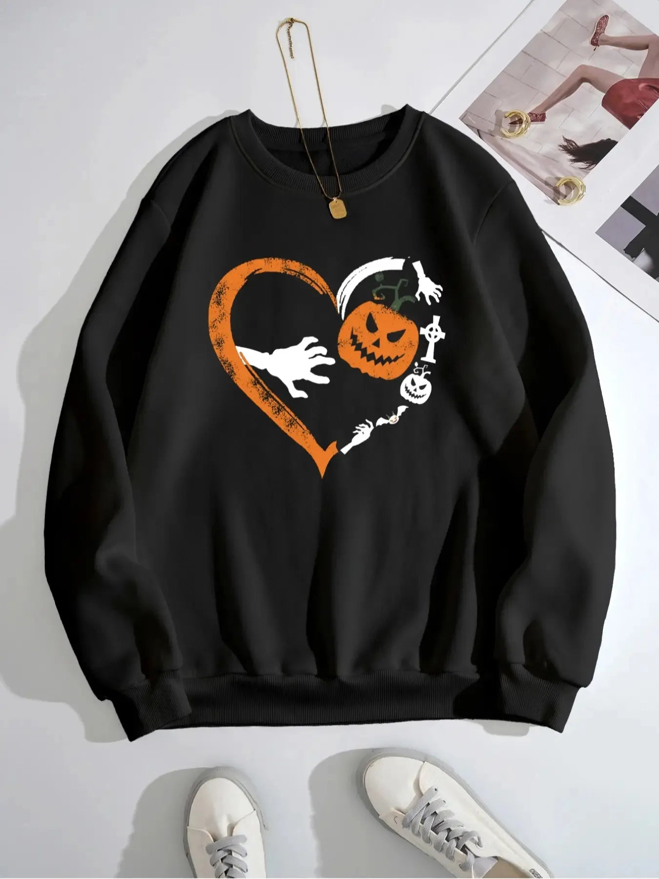 Halloween Heart Pumpkin Round Neck Sweatshirt - Goddess Vibes