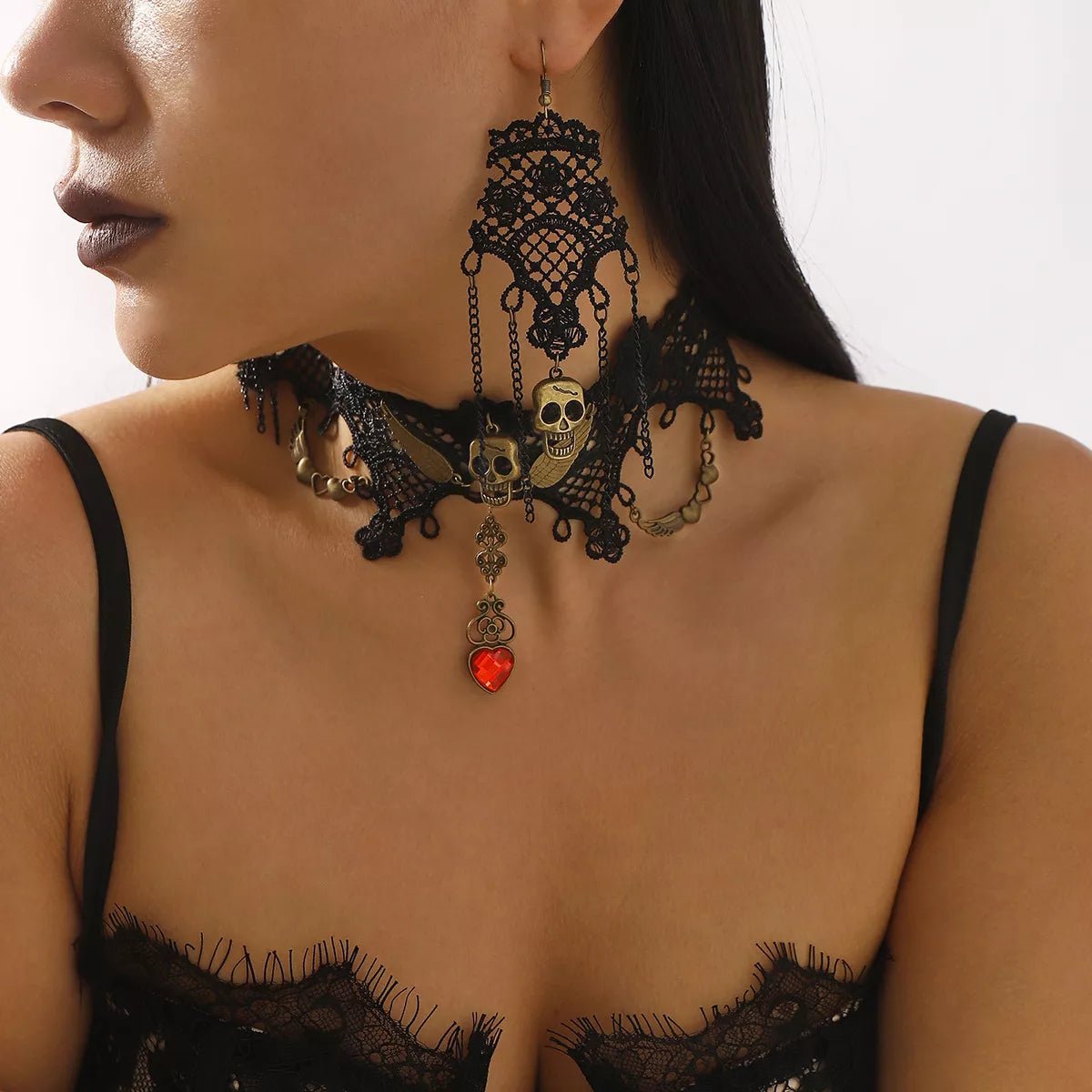 Halloween Lace Skull Necklace and Earrings Jewelry Set - Goddess Vibes
