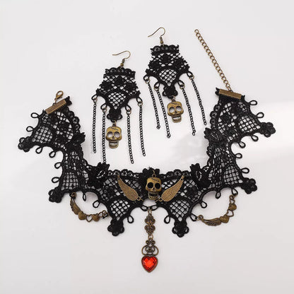 Halloween Lace Skull Necklace and Earrings Jewelry Set - Goddess Vibes