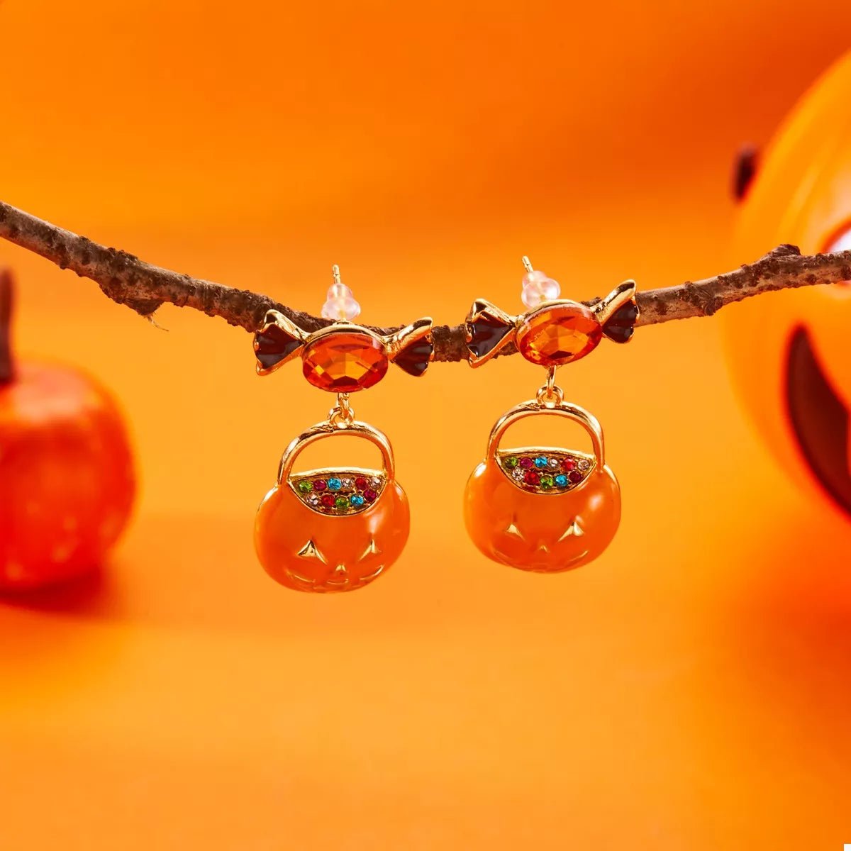 Halloween Rhinestone Pumpkin Dangle Earrings - Goddess Vibes