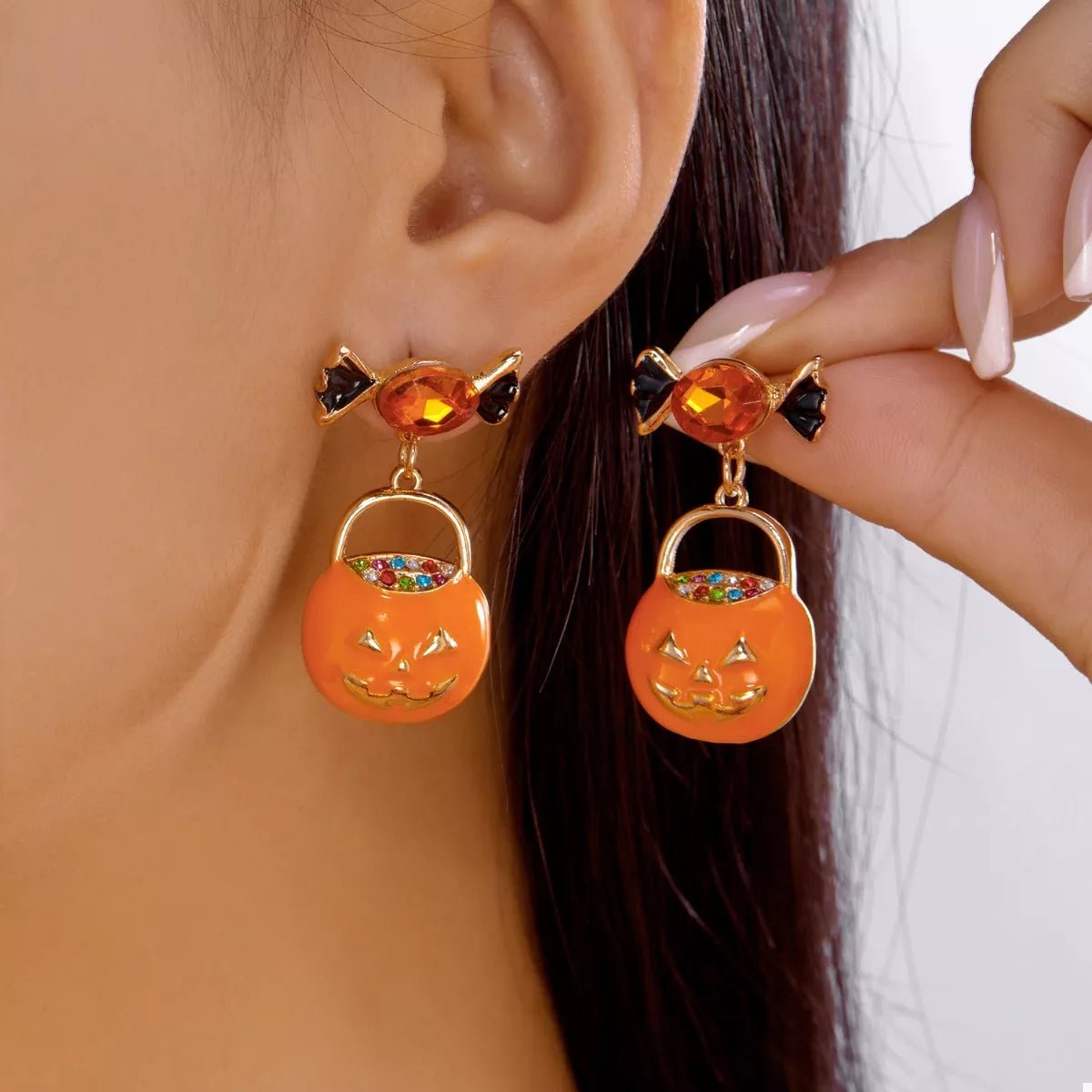 Halloween Rhinestone Pumpkin Dangle Earrings - Goddess Vibes