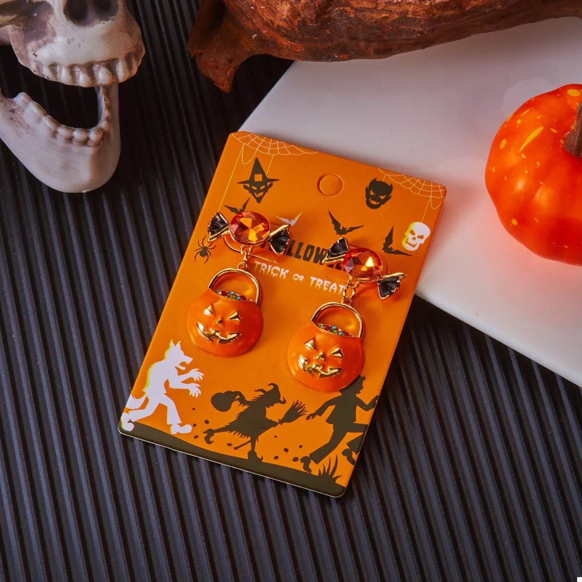 Halloween Rhinestone Pumpkin Dangle Earrings - Goddess Vibes