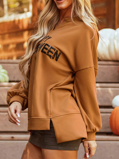 Happy Halloween Graphic Notched Long Sleeve Loose Top - Goddess Vibes