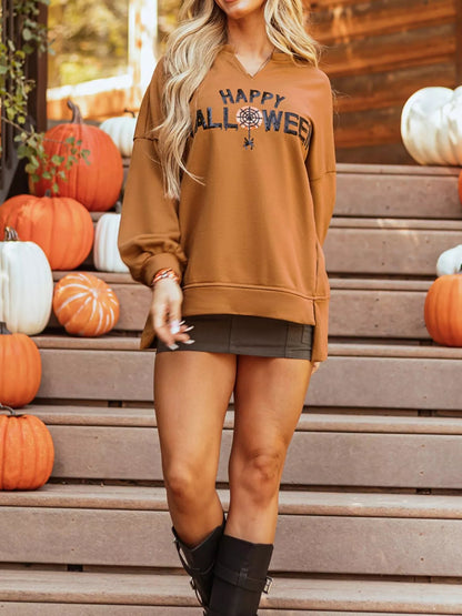 Happy Halloween Graphic Notched Long Sleeve Loose Top - Goddess Vibes