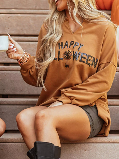 Happy Halloween Graphic Notched Long Sleeve Loose Top - Goddess Vibes