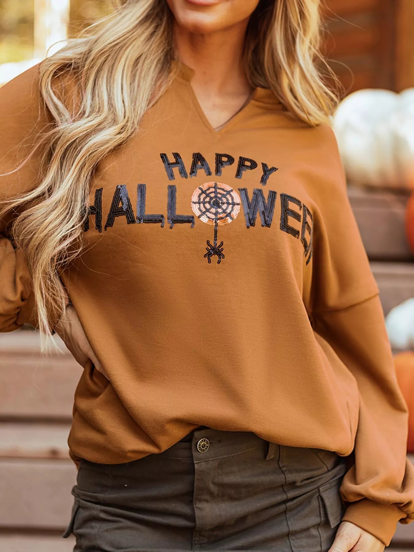 Happy Halloween Graphic Notched Long Sleeve Loose Top - Goddess Vibes