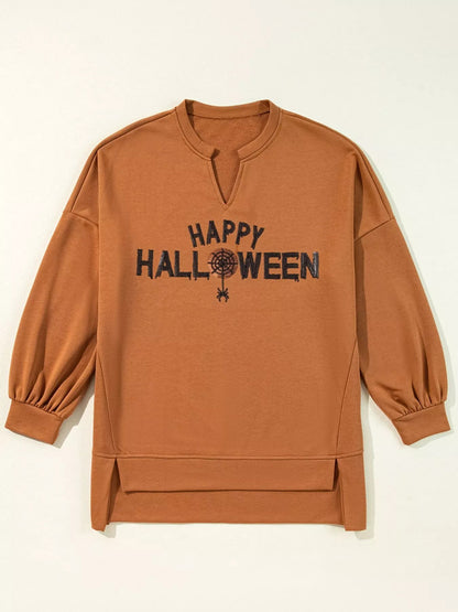 Happy Halloween Graphic Notched Long Sleeve Loose Top - Goddess Vibes