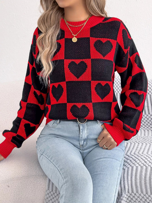 Heart Checkerboard Pattern Round Neck Sweater - Goddess Vibes