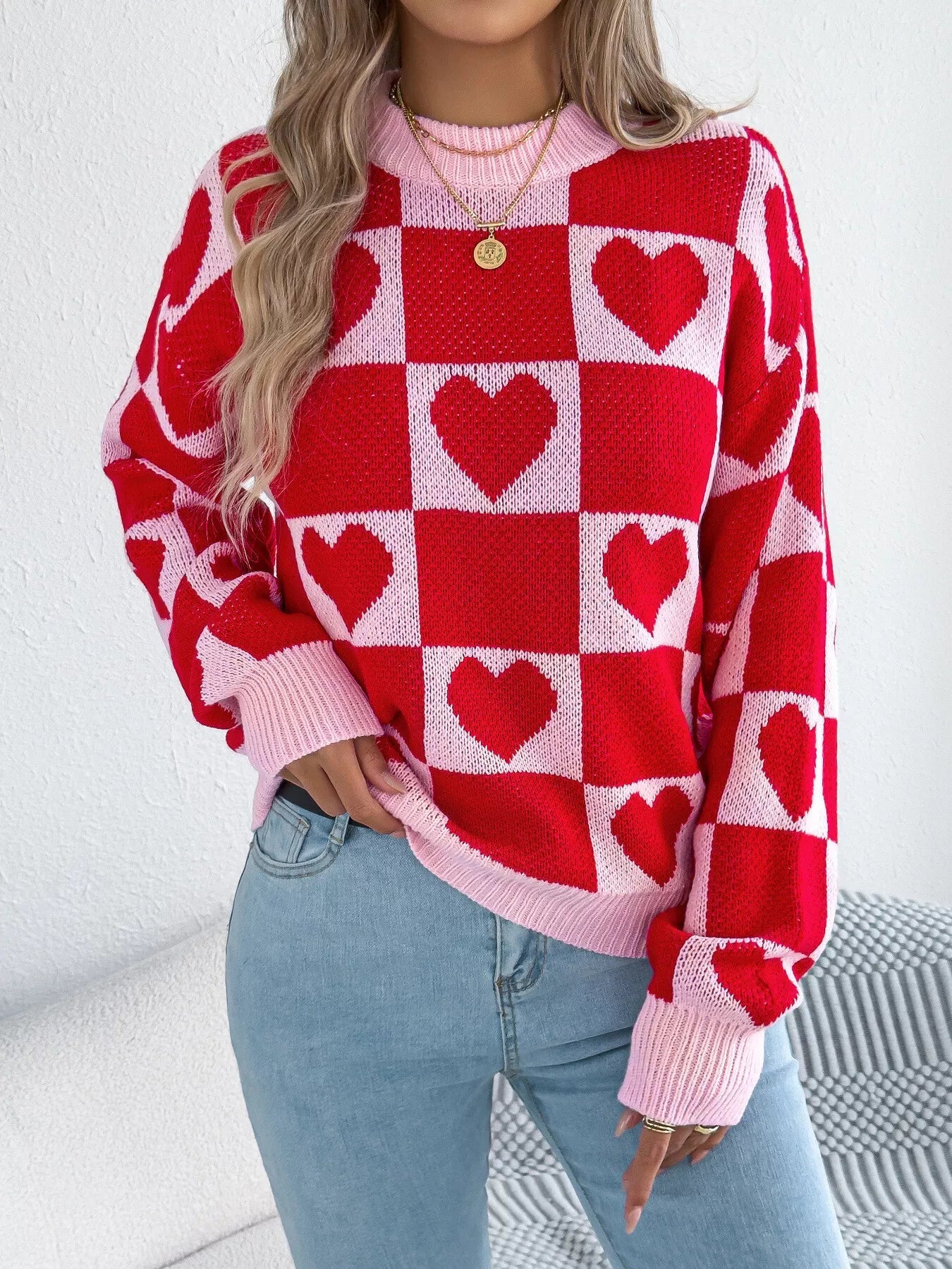 Heart Checkerboard Pattern Round Neck Sweater - Goddess Vibes
