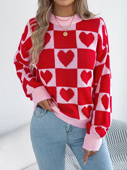 Heart Checkerboard Pattern Round Neck Sweater - Goddess Vibes