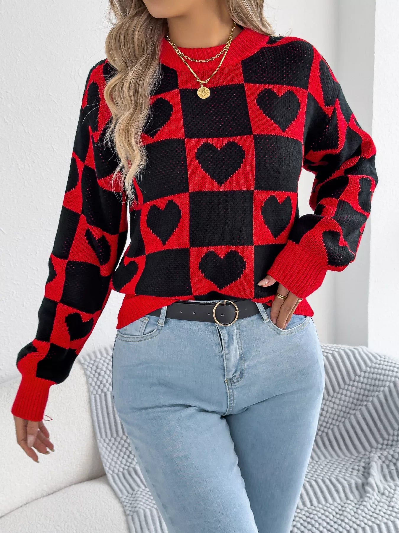 Heart Checkerboard Pattern Round Neck Sweater - Goddess Vibes