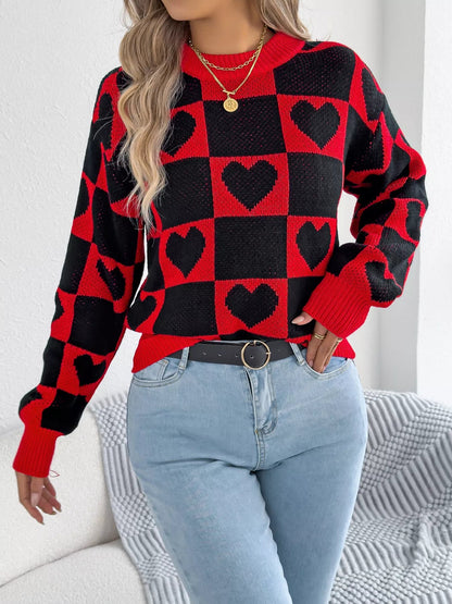 Heart Checkerboard Pattern Round Neck Sweater - Goddess Vibes