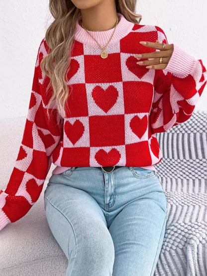 Heart Checkerboard Pattern Round Neck Sweater - Goddess Vibes