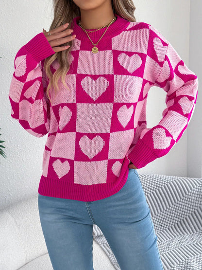 Heart Checkerboard Pattern Round Neck Sweater - Goddess Vibes