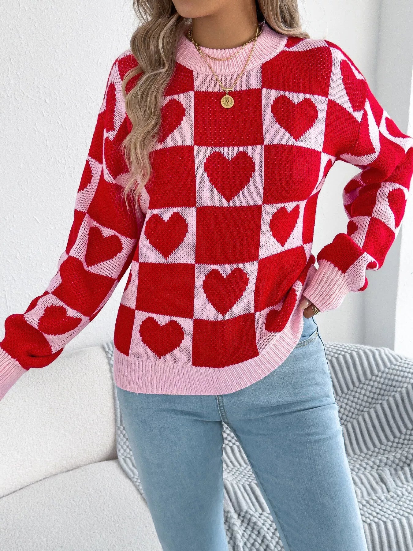 Heart Checkerboard Pattern Round Neck Sweater - Goddess Vibes