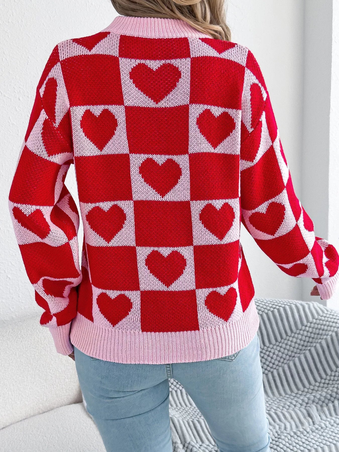 Heart Checkerboard Pattern Round Neck Sweater - Goddess Vibes