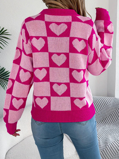 Heart Checkerboard Pattern Round Neck Sweater - Goddess Vibes