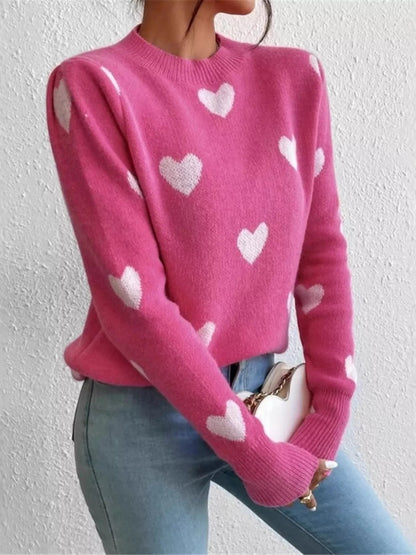 Heart Pattern Round Neck Sweater - Goddess Vibes