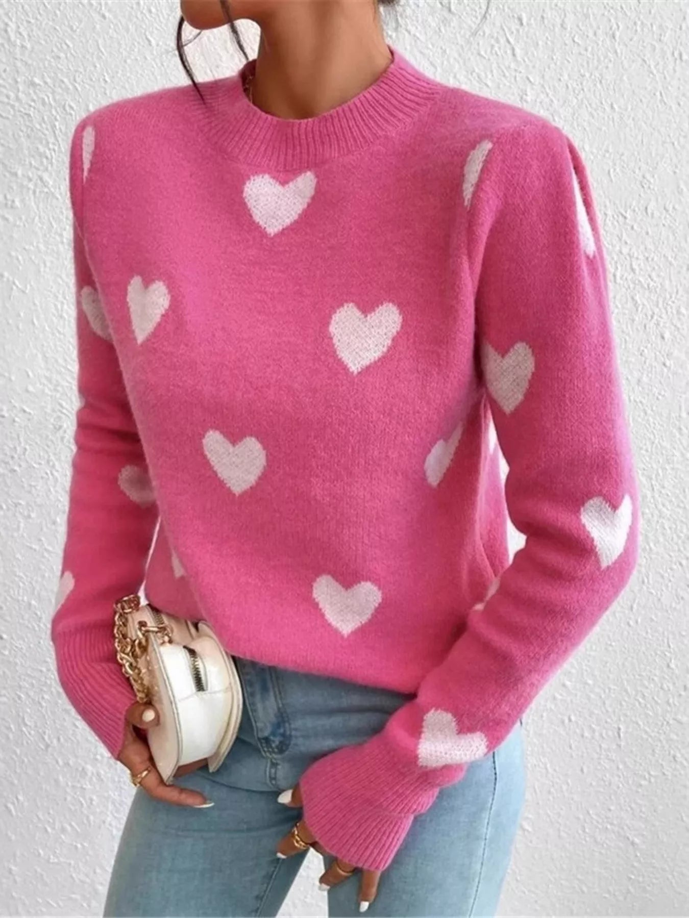 Heart Pattern Round Neck Sweater - Goddess Vibes