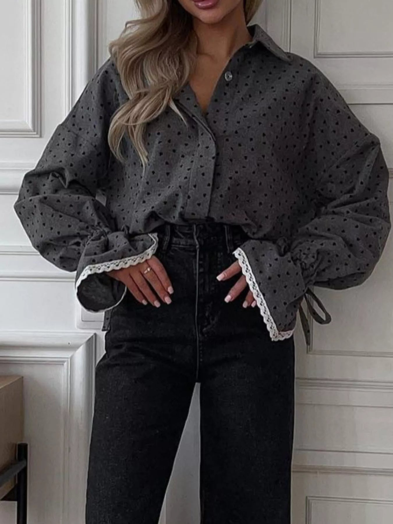 Heart Print Button Up Flounce Sleeve Shirt - Goddess Vibes