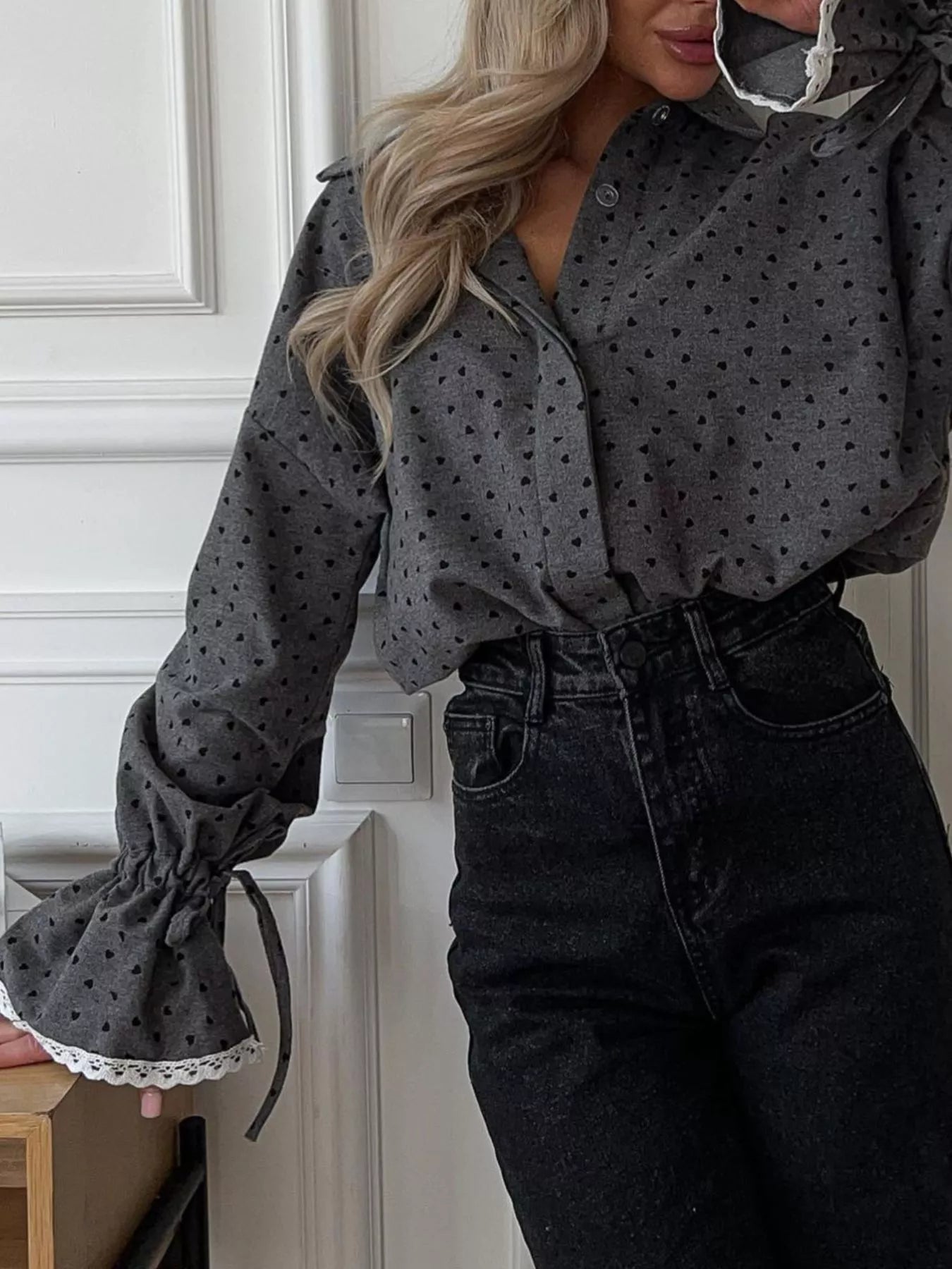 Heart Print Button Up Flounce Sleeve Shirt - Goddess Vibes