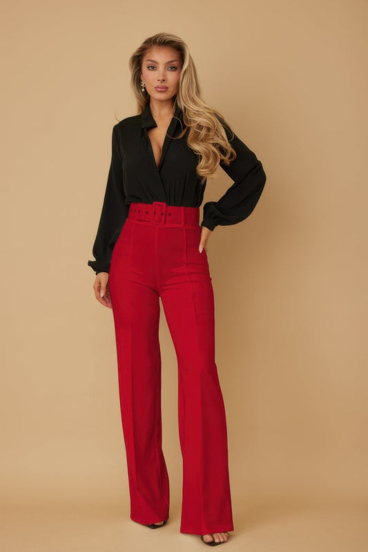 High Waist Pants With Buckle Belt - Goddess Vibes