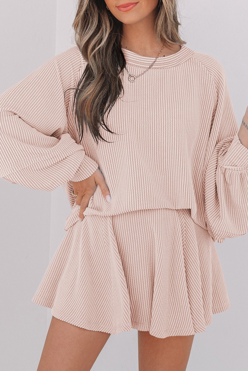 Jet Stream Corded Lantern Sleeve Top High Waist Ruffled Mini Skirt Set - Goddess Vibes