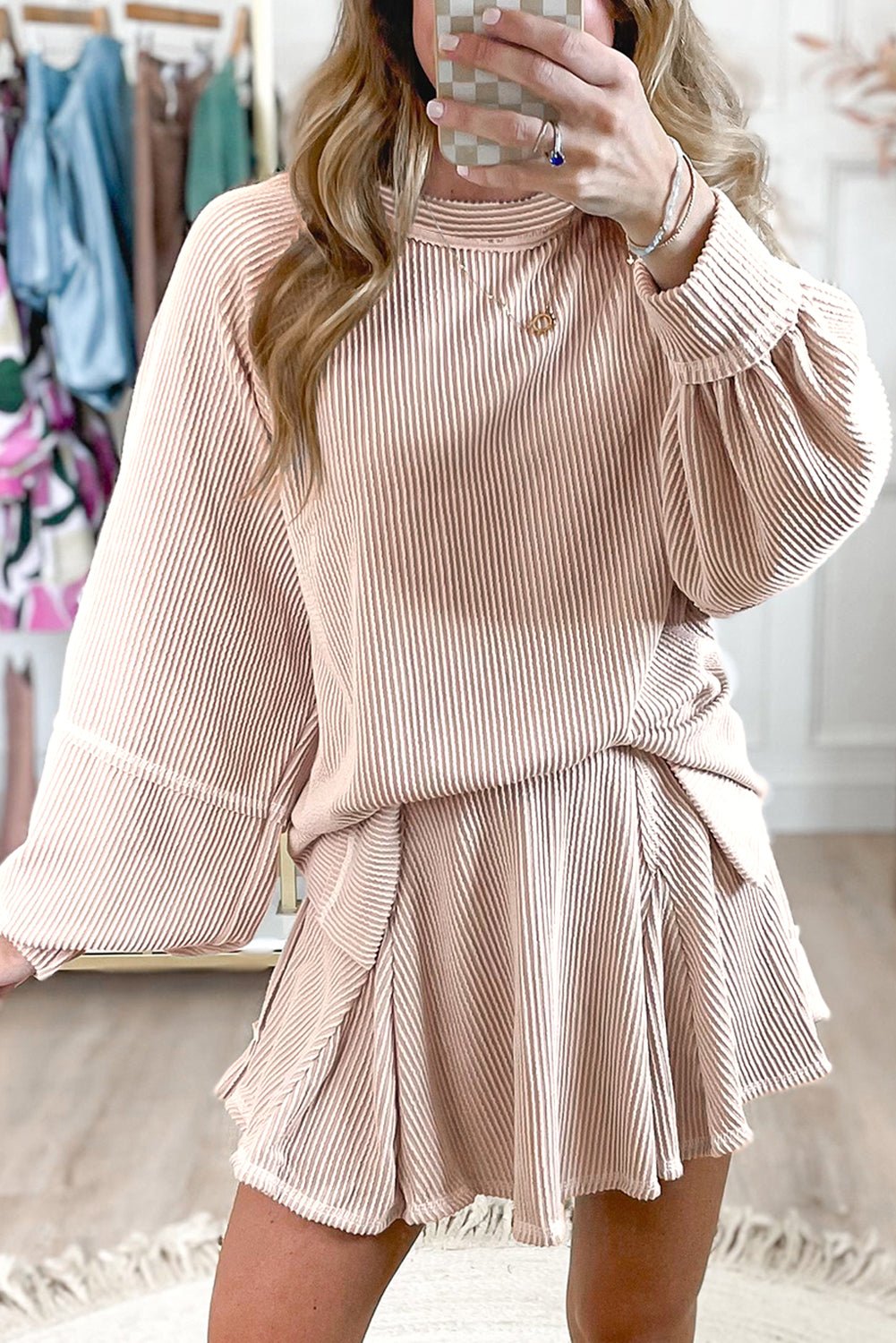 Jet Stream Corded Lantern Sleeve Top High Waist Ruffled Mini Skirt Set - Goddess Vibes