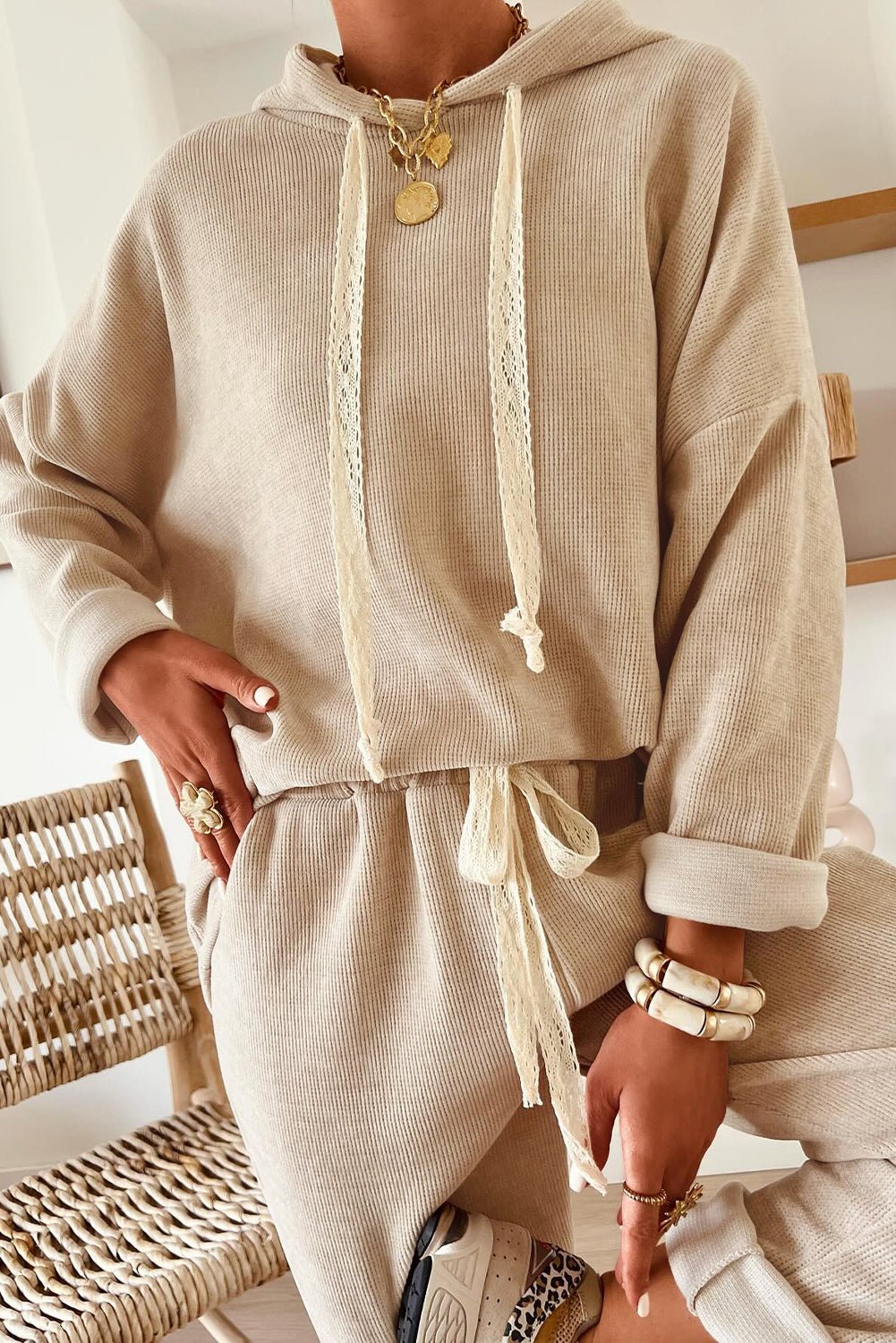 Jet Stream Lace Drawstring Pullover Hoodie and High Waist Pants Corduroy Suit - Goddess Vibes