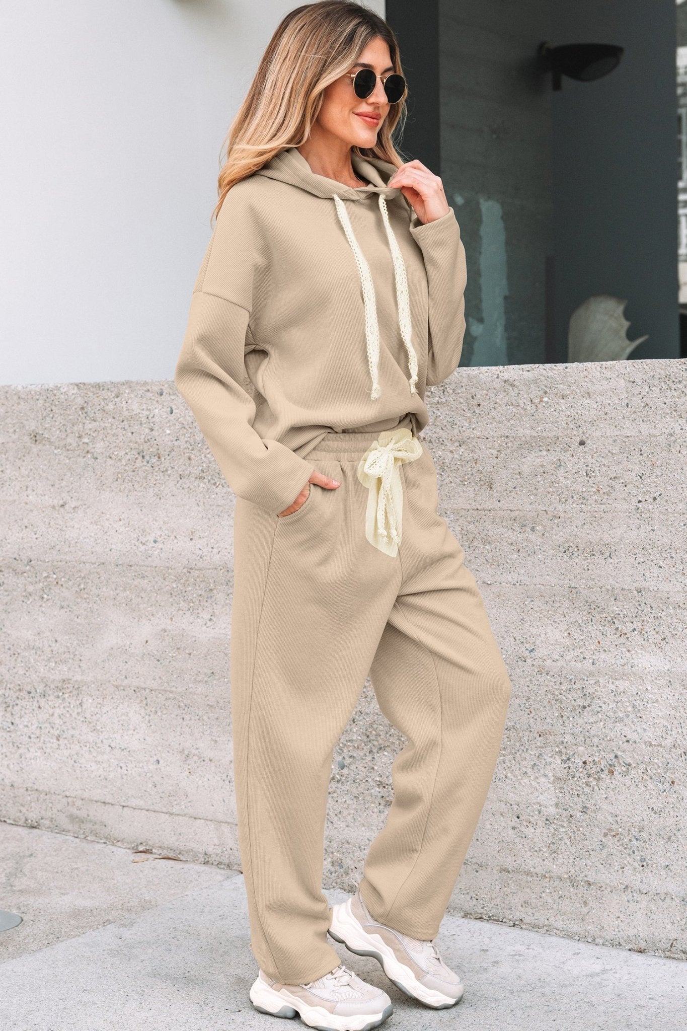 Jet Stream Lace Drawstring Pullover Hoodie and High Waist Pants Corduroy Suit - Crowned Energy CO.