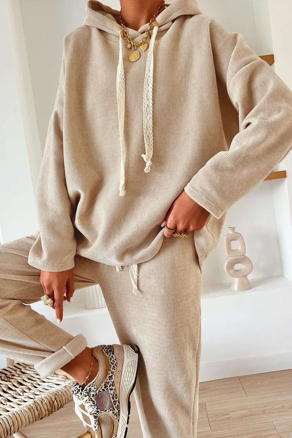 Jet Stream Lace Drawstring Pullover Hoodie and High Waist Pants Corduroy Suit - Goddess Vibes