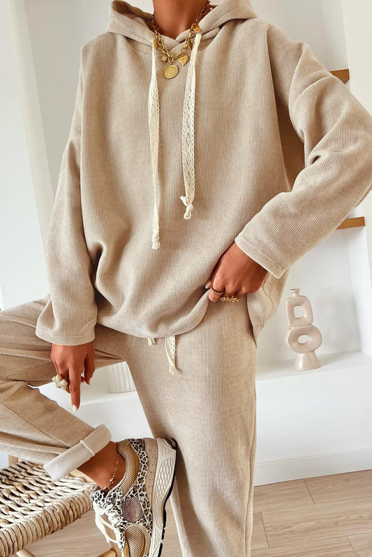 Jet Stream Lace Drawstring Pullover Hoodie and High Waist Pants Corduroy Suit - Goddess Vibes