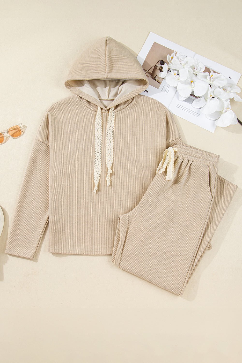 Jet Stream Lace Drawstring Pullover Hoodie and High Waist Pants Corduroy Suit - Goddess Vibes