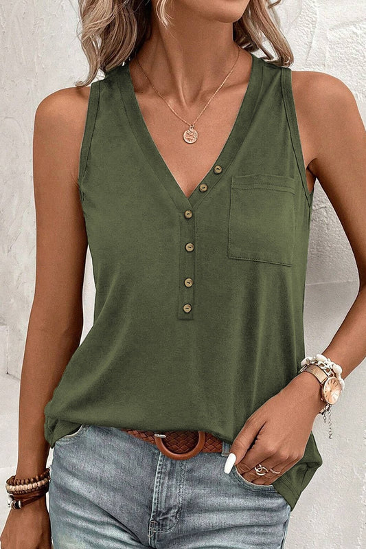 Jungle Green Half Button V Neck Patched Pocket Tank Top - Goddess Vibes