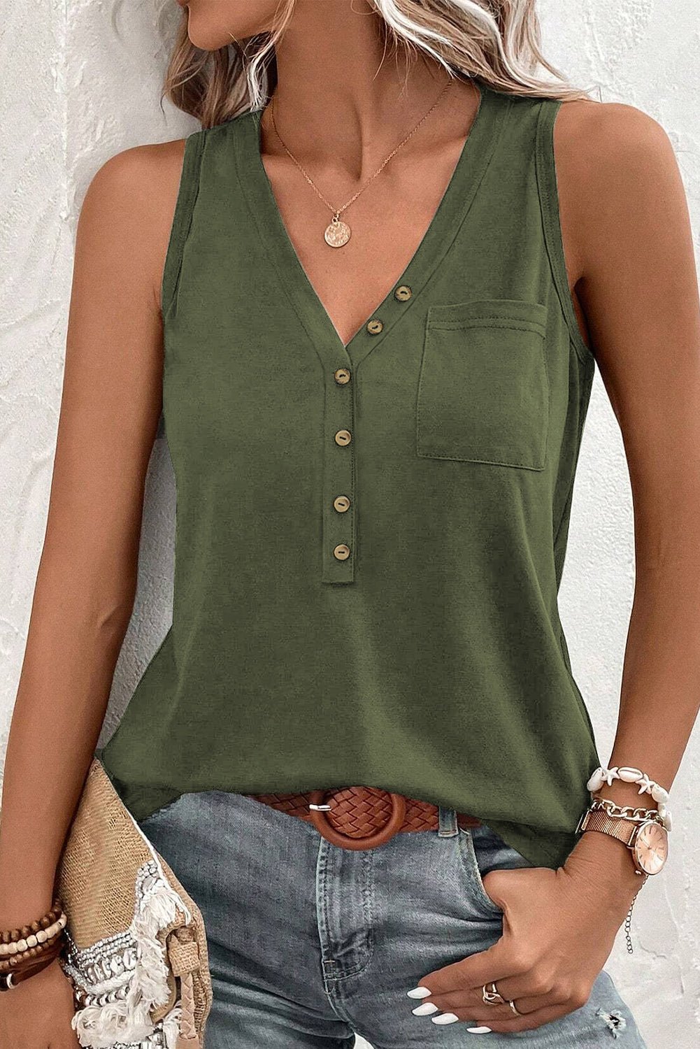 Jungle Green Half Button V Neck Patched Pocket Tank Top - Goddess Vibes