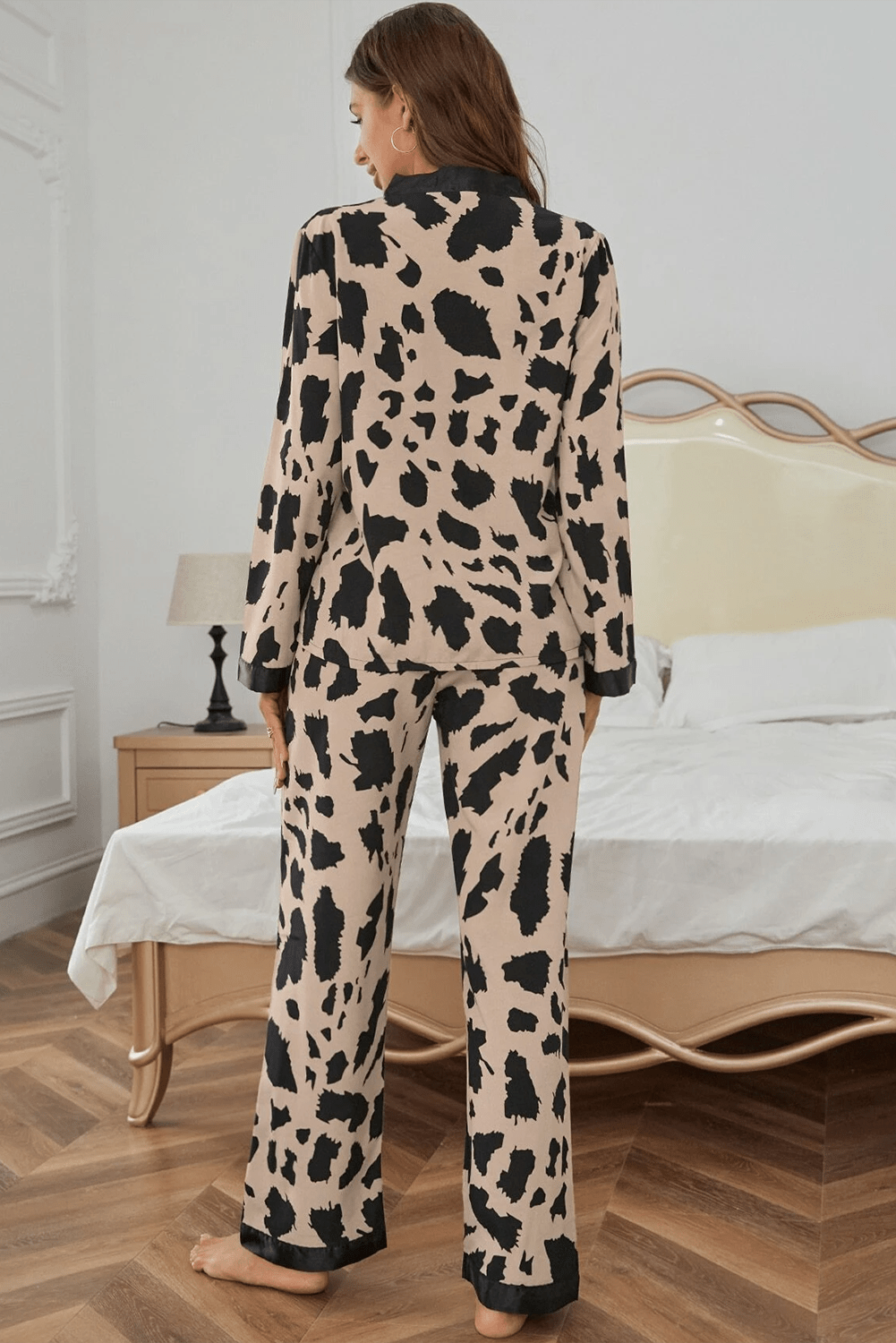 Khaki Cheetah Contrast Trim Loose Fit Two Piece Sleepwear - Goddess Vibes