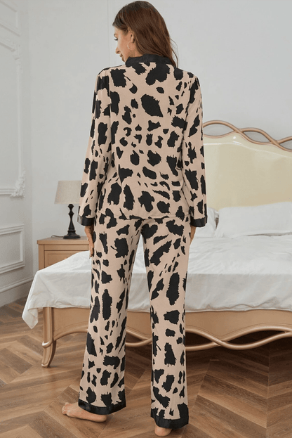 Khaki Cheetah Contrast Trim Loose Fit Two Piece Sleepwear - Goddess Vibes
