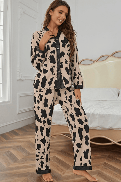 Khaki Cheetah Contrast Trim Loose Fit Two Piece Sleepwear - Goddess Vibes