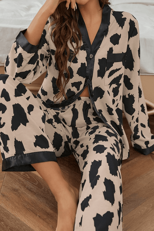 Khaki Cheetah Contrast Trim Loose Fit Two Piece Sleepwear - Goddess Vibes