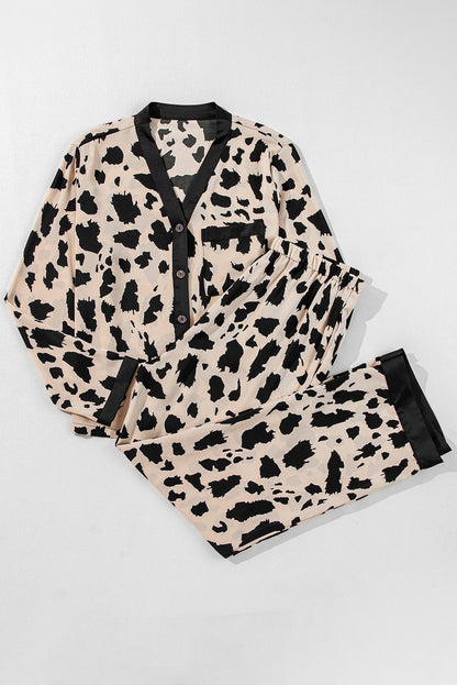 Khaki Cheetah Contrast Trim Loose Fit Two Piece Sleepwear - Goddess Vibes