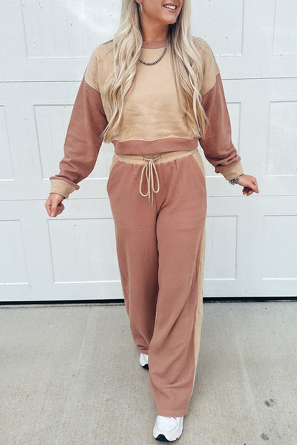 Khaki Color Block Long Sleeve Crop Top Drawstring Pant Set - Goddess Vibes