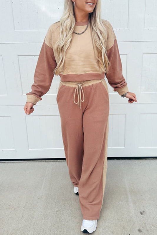 Khaki Color Block Long Sleeve Crop Top Drawstring Pant Set - Goddess Vibes