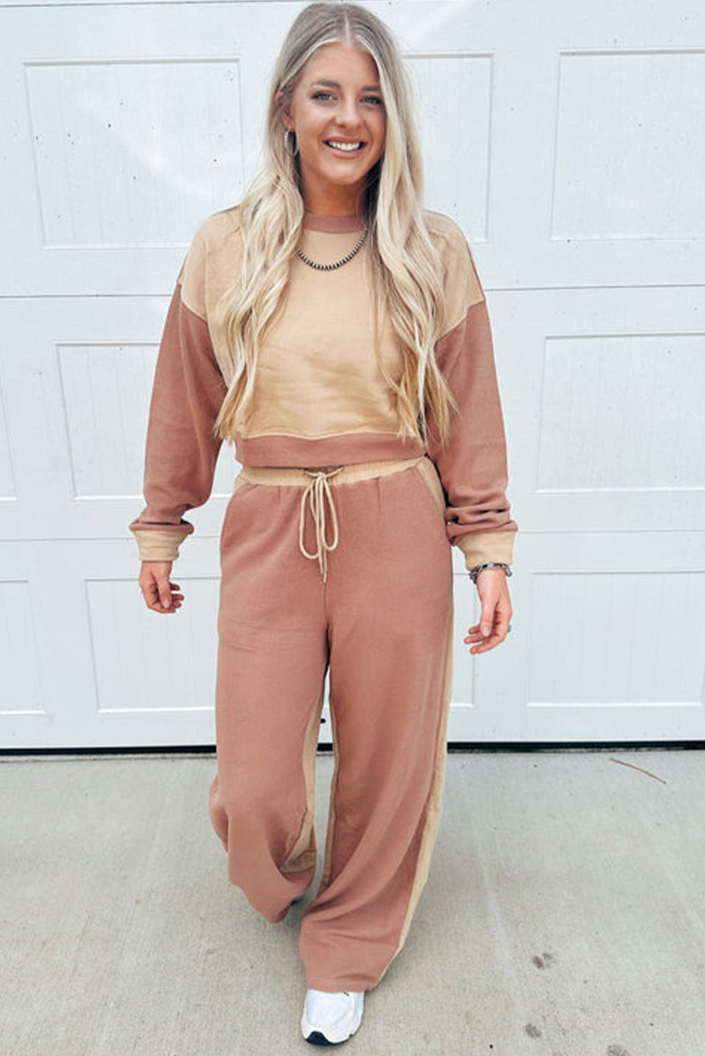 Khaki Color Block Long Sleeve Crop Top Drawstring Pant Set - Goddess Vibes