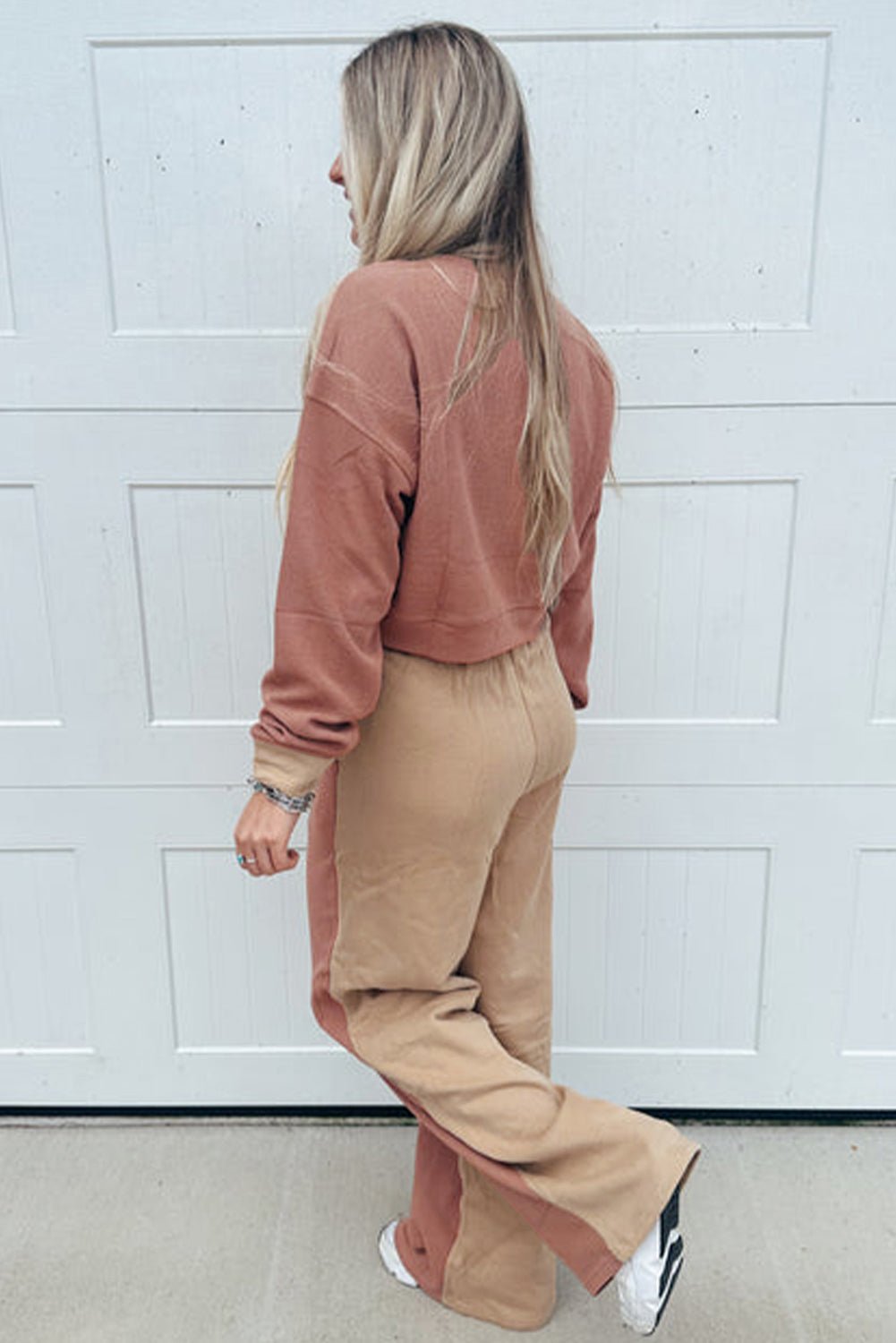 Khaki Color Block Long Sleeve Crop Top Drawstring Pant Set - Goddess Vibes