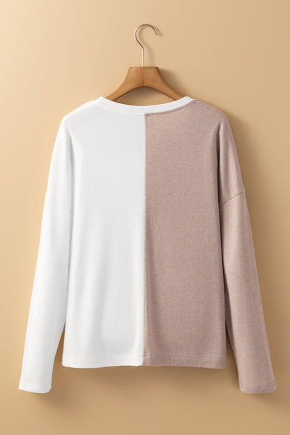 Khaki Colorblock Long Sleeve Crew Neck Top - Goddess Vibes