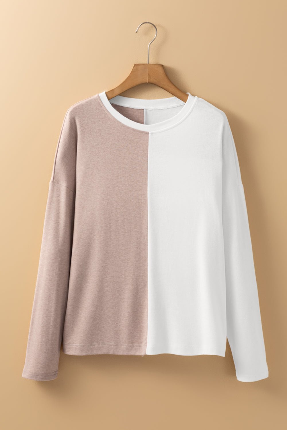 Khaki Colorblock Long Sleeve Crew Neck Top - Goddess Vibes