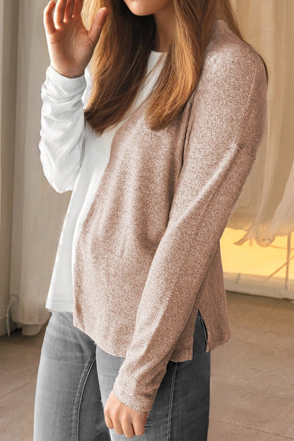 Khaki Colorblock Long Sleeve Crew Neck Top - Goddess Vibes