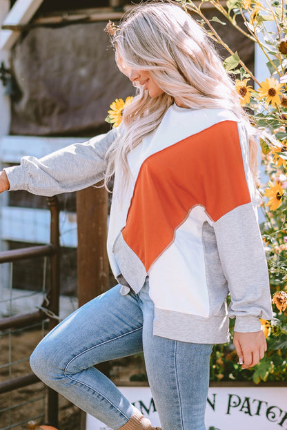 Khaki Colorblock Stitching Irregular Hem Long Sleeve Top - Goddess Vibes